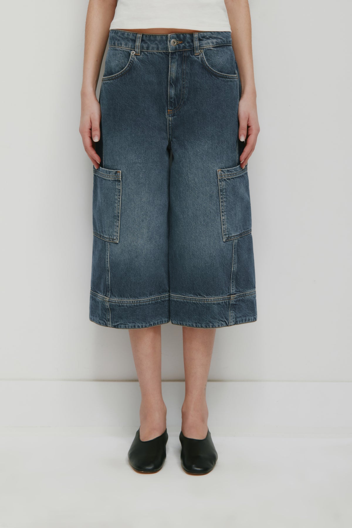 Short en jean long à coutures torsadées pour femme en délavage vintage