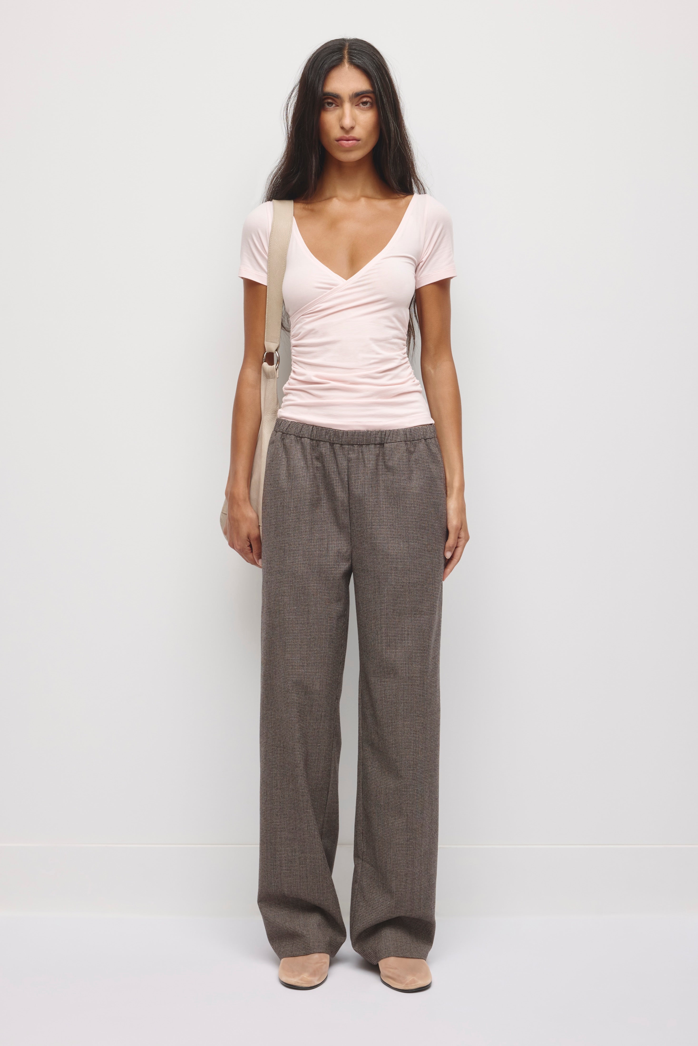 Pantalon en laine pour femme à enfiler en carreaux taupe