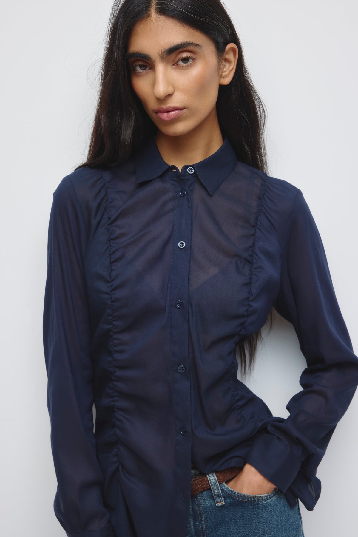 Women's Zaina Ruched Shirt in Deep Ocean
