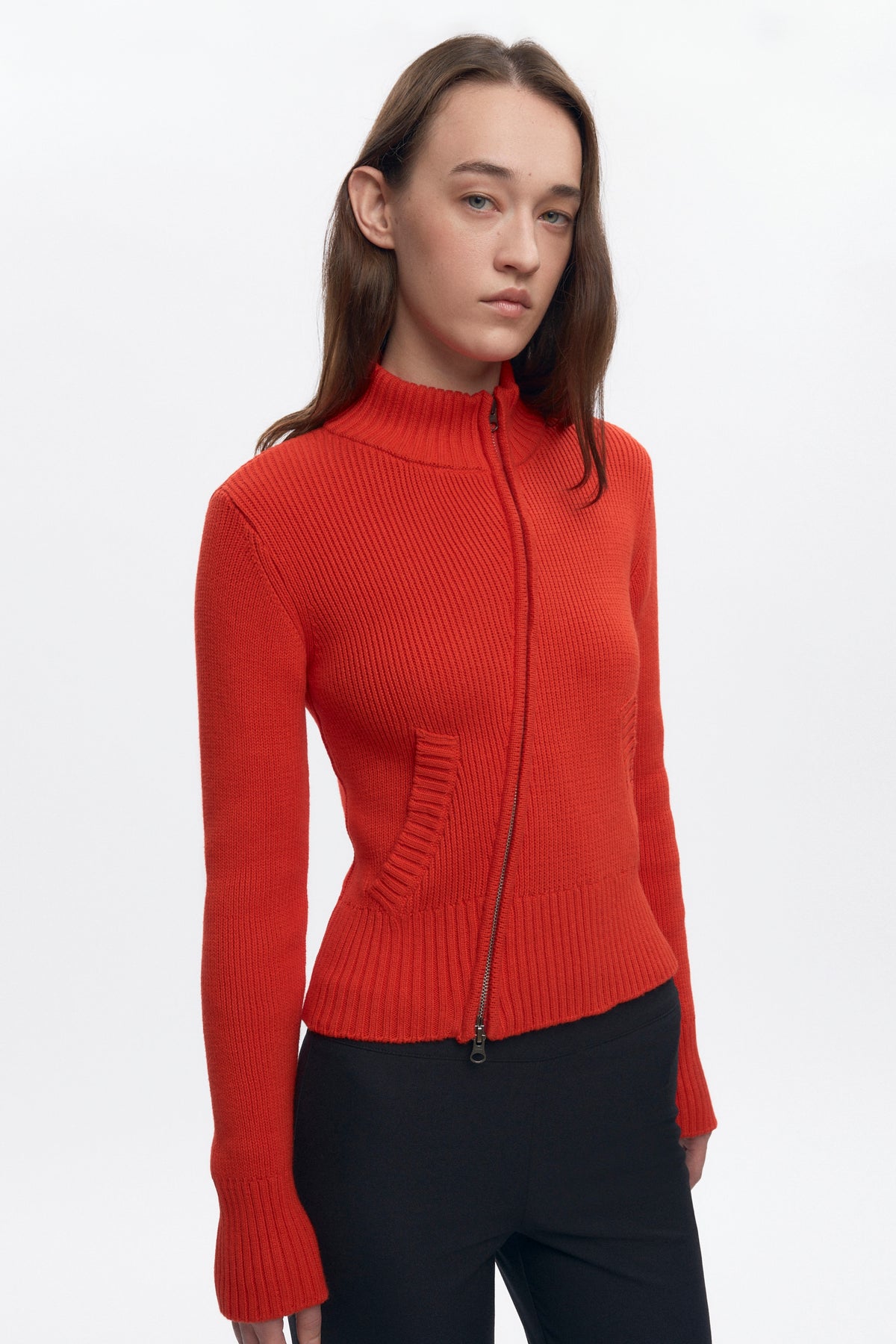 Women's Asymmetric Zip Sweater in Fiery Red