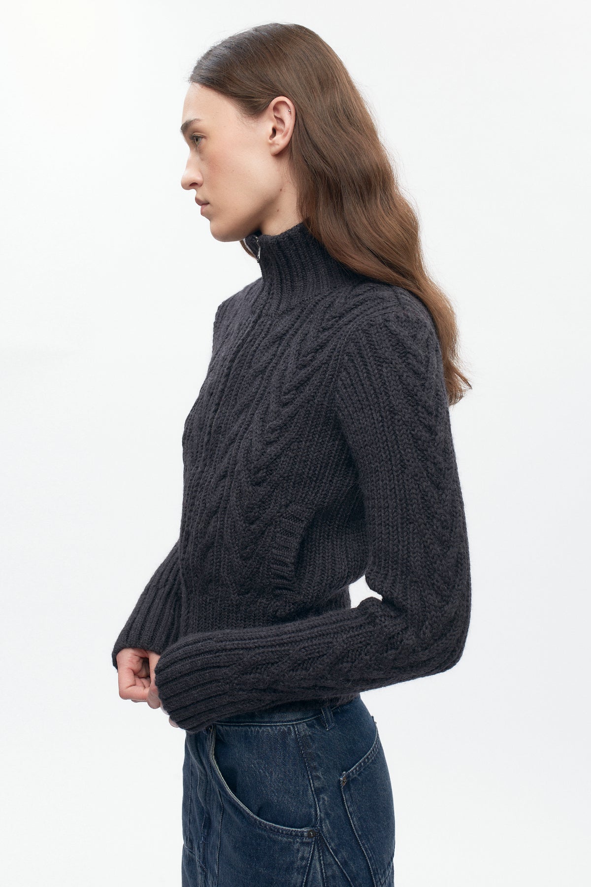 Pull à fermeture éclair et torsades pour femme en anthracite foncé