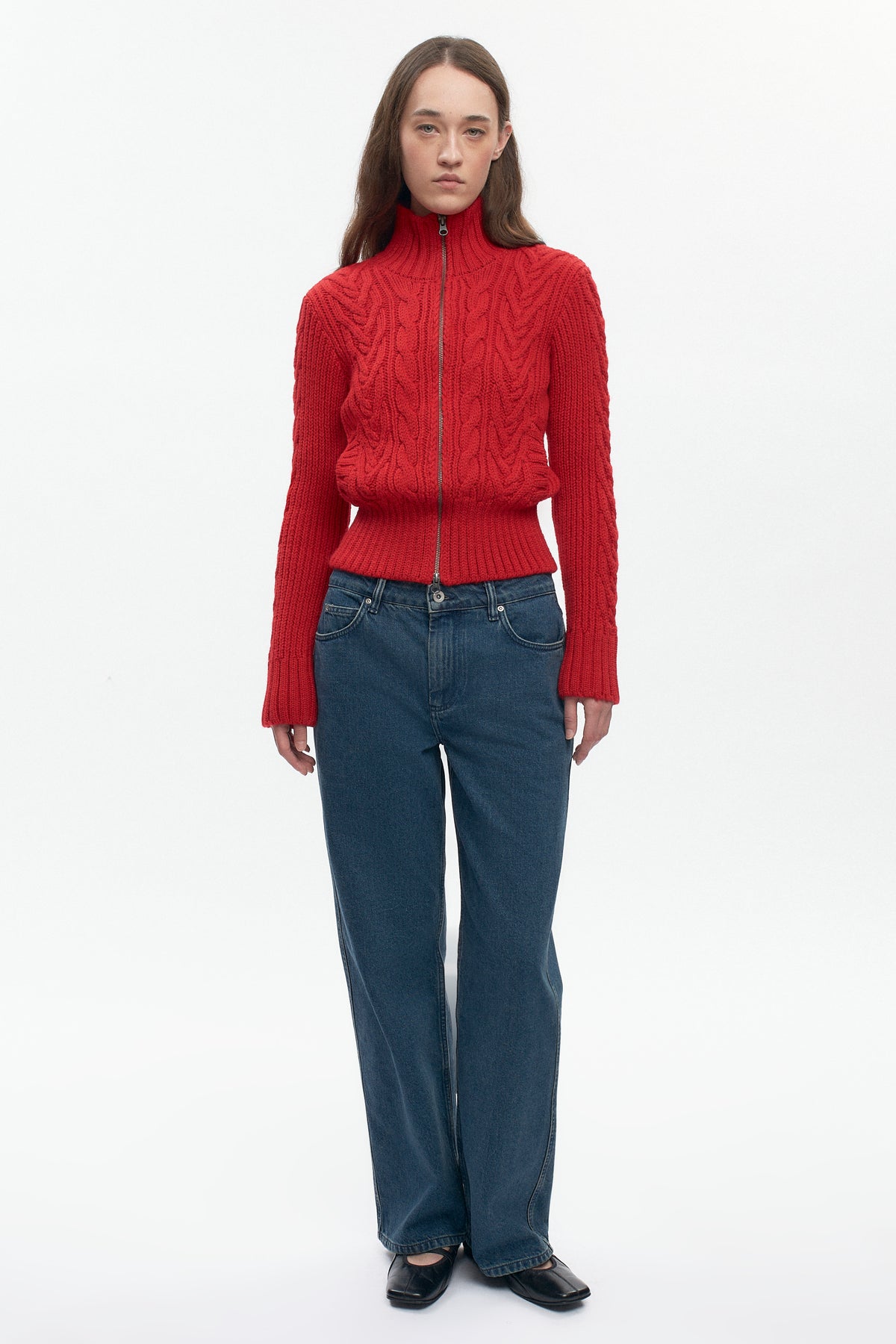 Pull à fermeture éclair et torsades pour femme en rouge vif