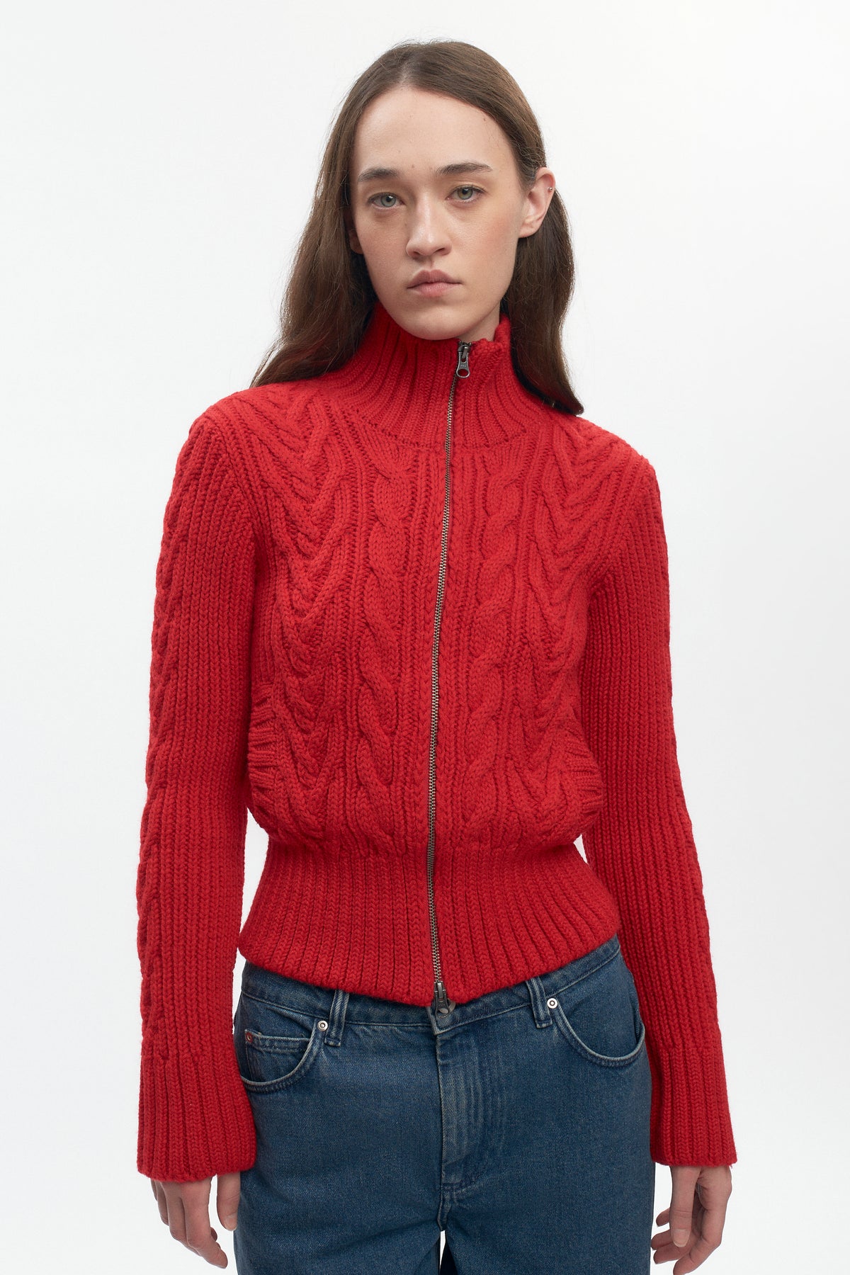 Pull à fermeture éclair et torsades pour femme en rouge vif