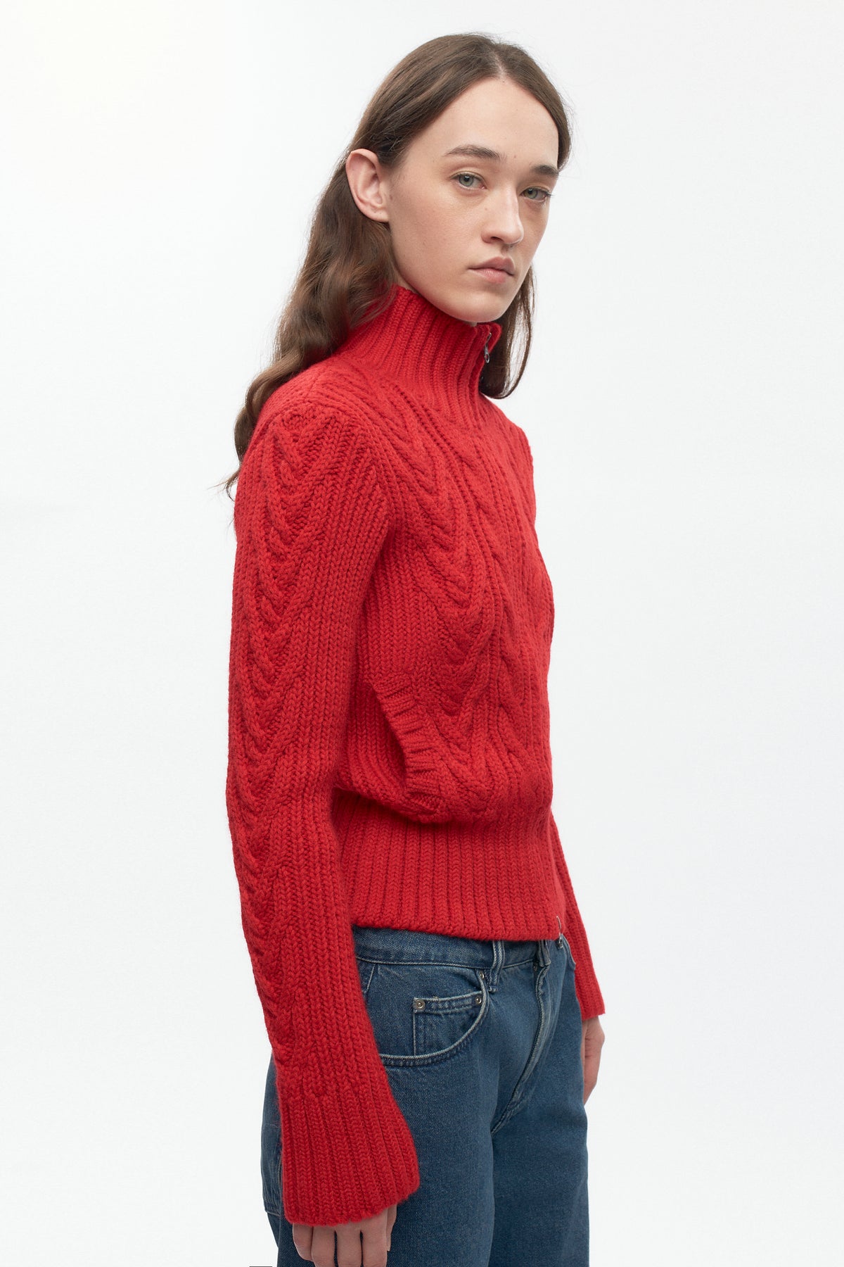 Pull à fermeture éclair et torsades pour femme en rouge vif
