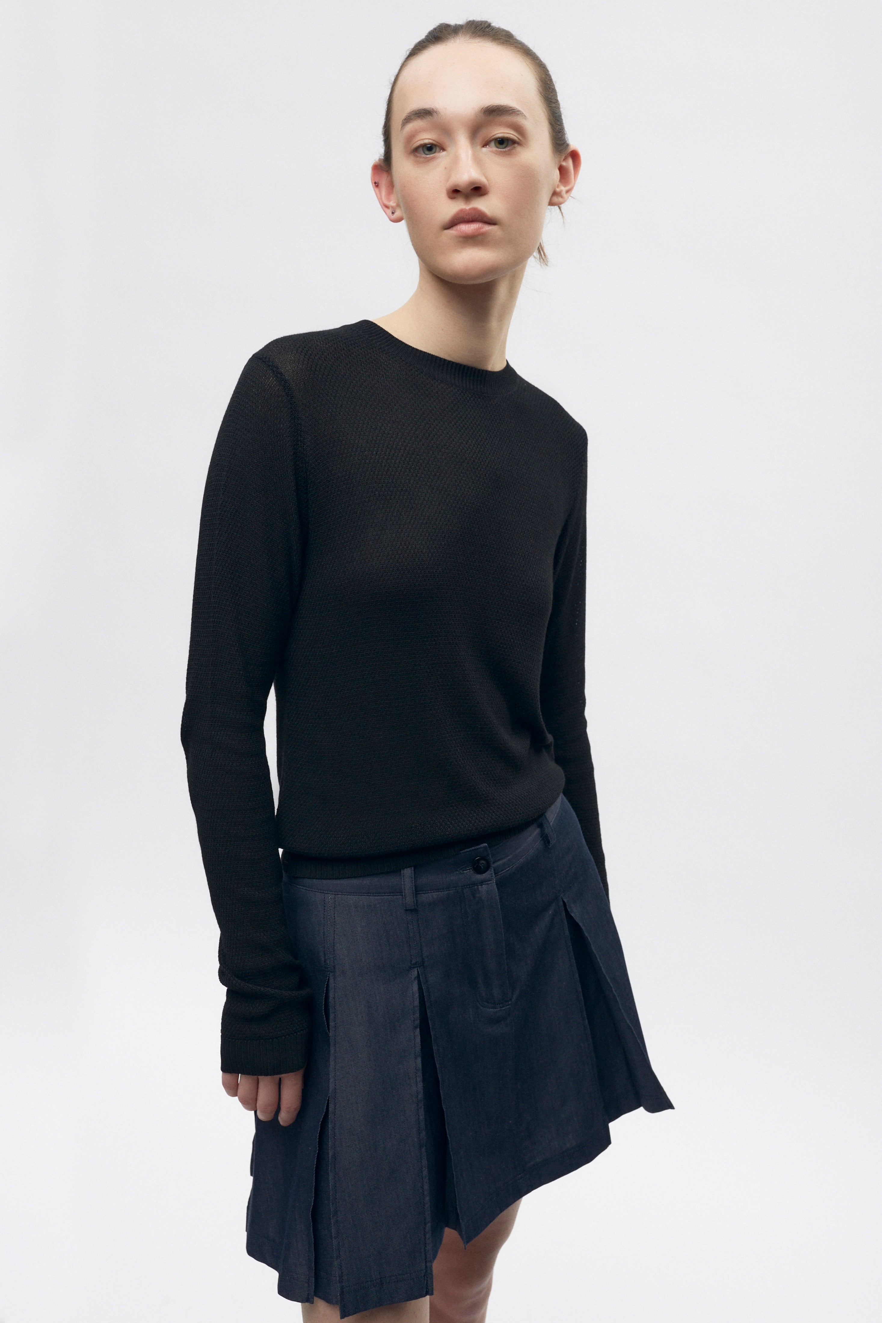 T-shirt à manches longues en maille pour femmes en noir