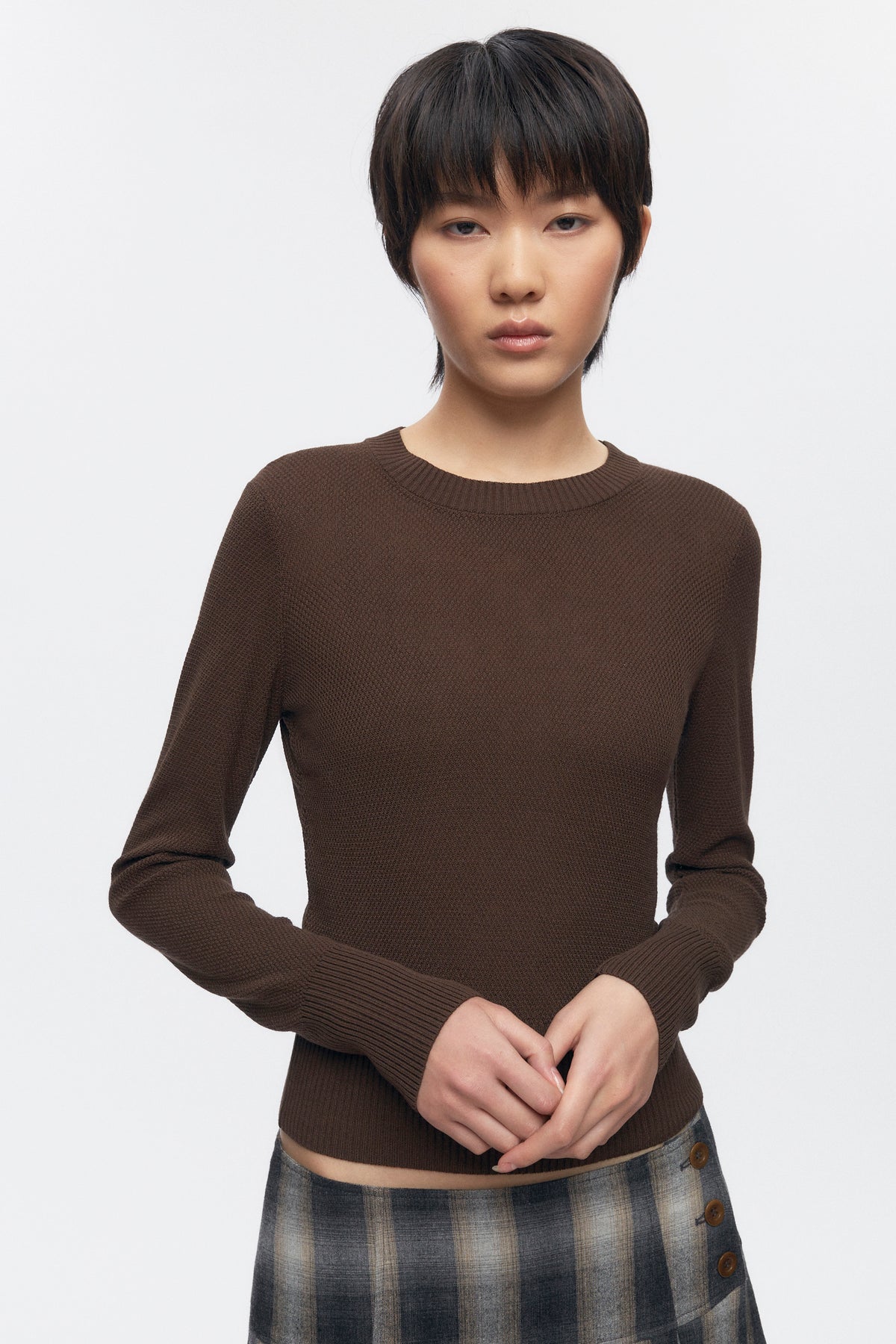 T-shirt à manches longues en maille côtelée pour femmes en cocoa
