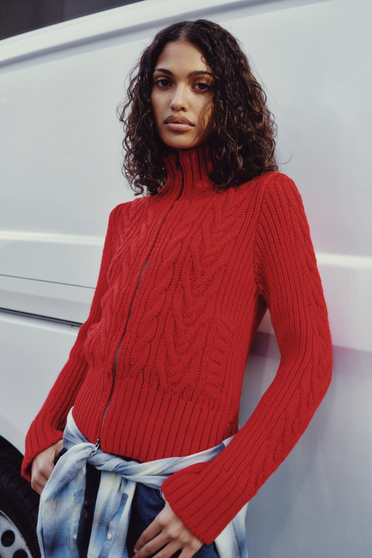 Pull à fermeture éclair et torsades pour femme en rouge vif