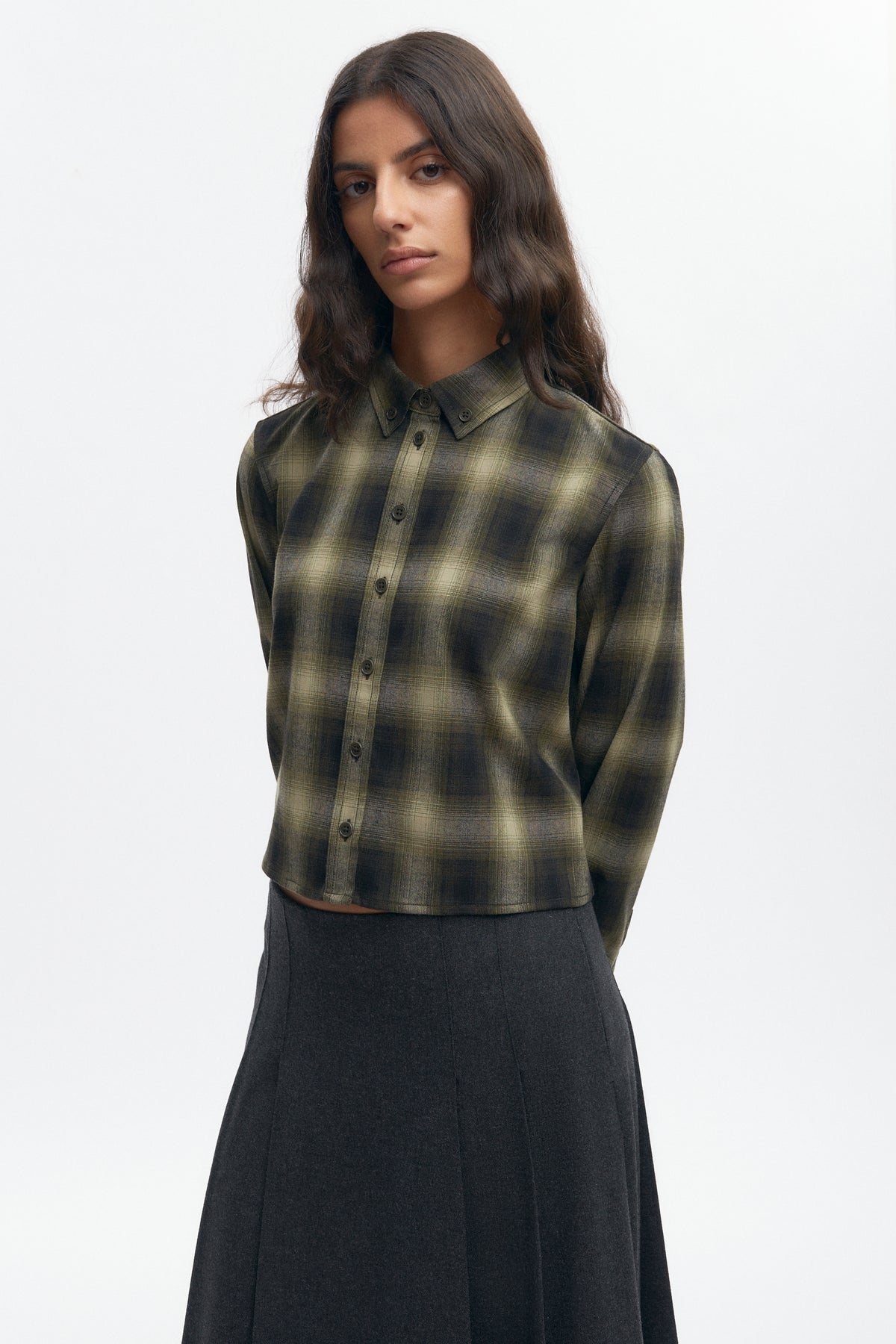 Women's Wool Flannel Shirt in Olive Plaid